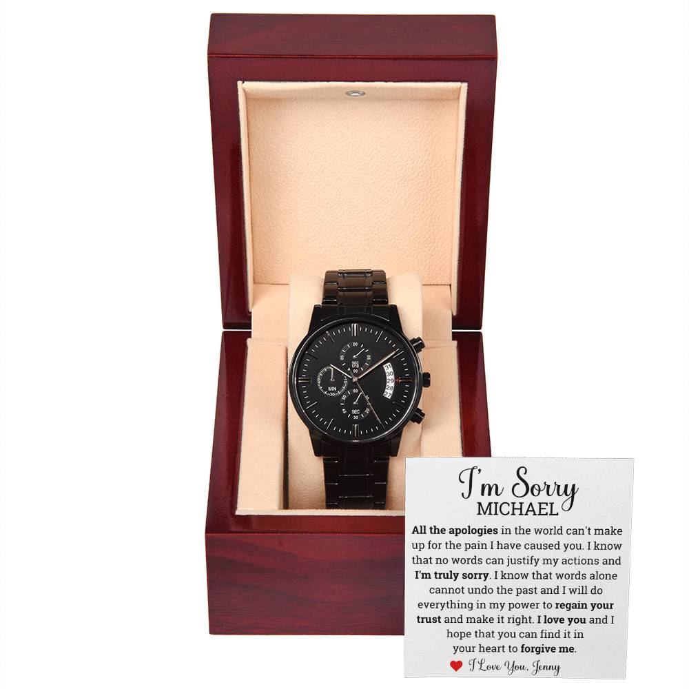 Personalized Im Sorry gifts for him, Apology gift for him, Black Chronograph Watch for him