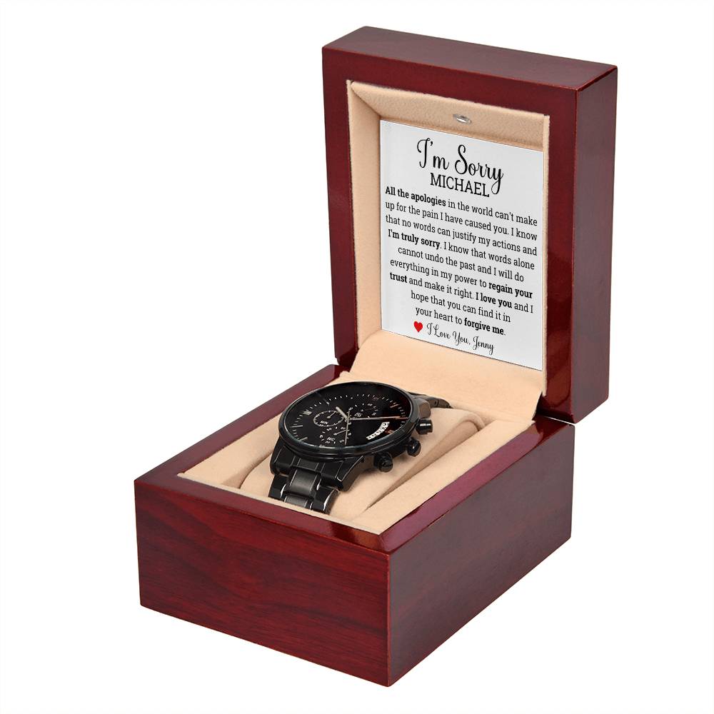 Personalized Im Sorry gifts for him, Apology gift for him, Black Chronograph Watch for him