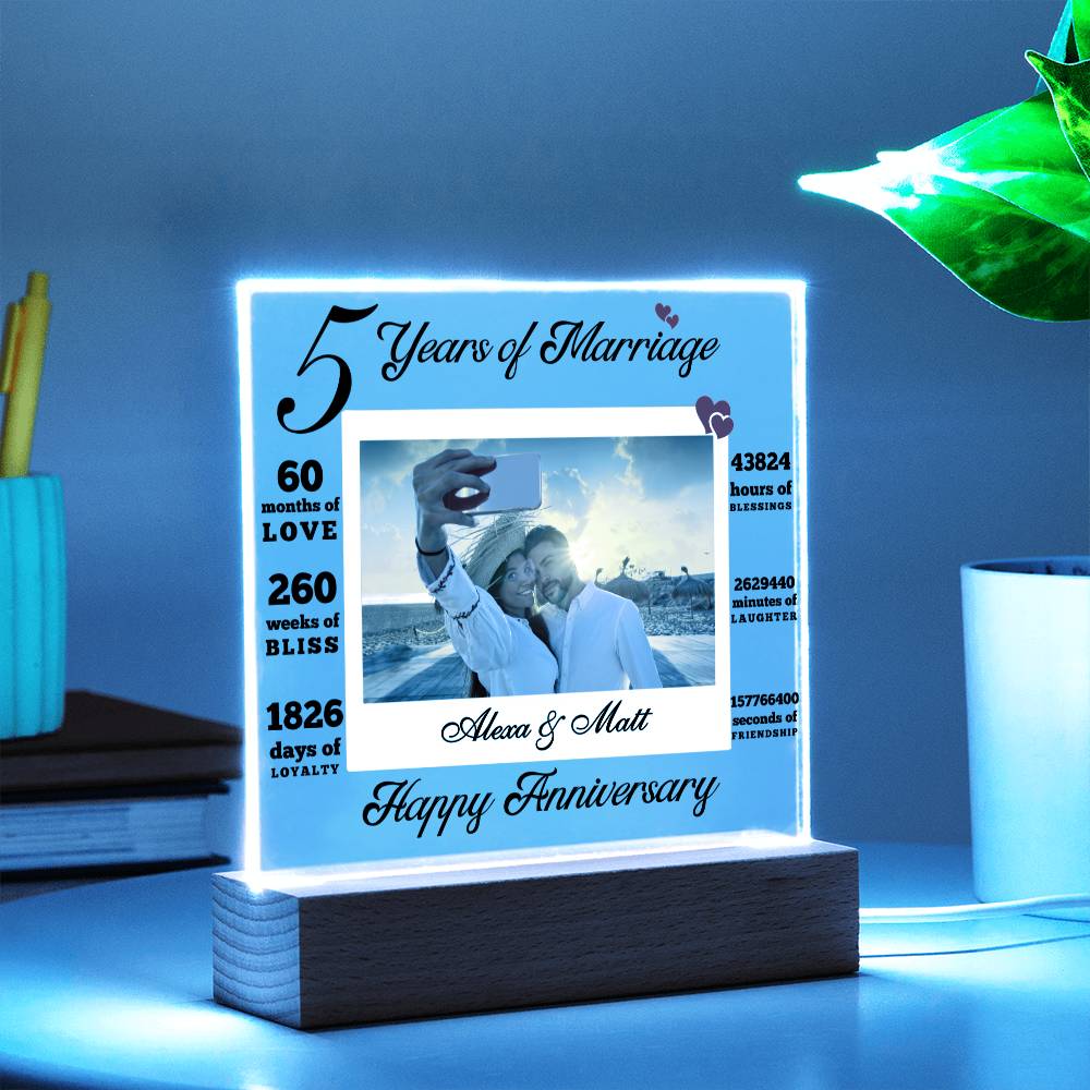 Custom 5 year anniversary Gift Acrylic Photo plaque Personalized Anniversary gift for wife Gift for couple Husband Valentine day gift