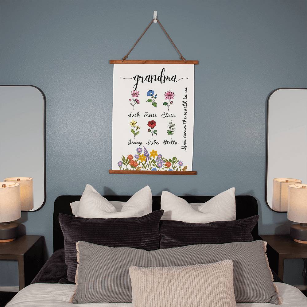 Birthflower Grandma Wall Tapestry Gift for Mothers day Birth Flower Wall Art for Nana