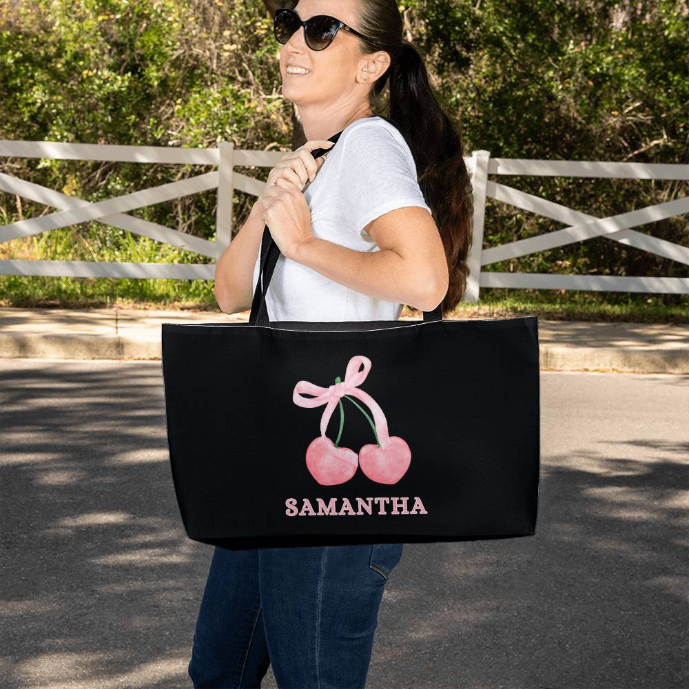 Coquette Pink Cherries Oversized Tote Personalized Cherry Bow weekender tote Cute Pink Bow Coquette Era