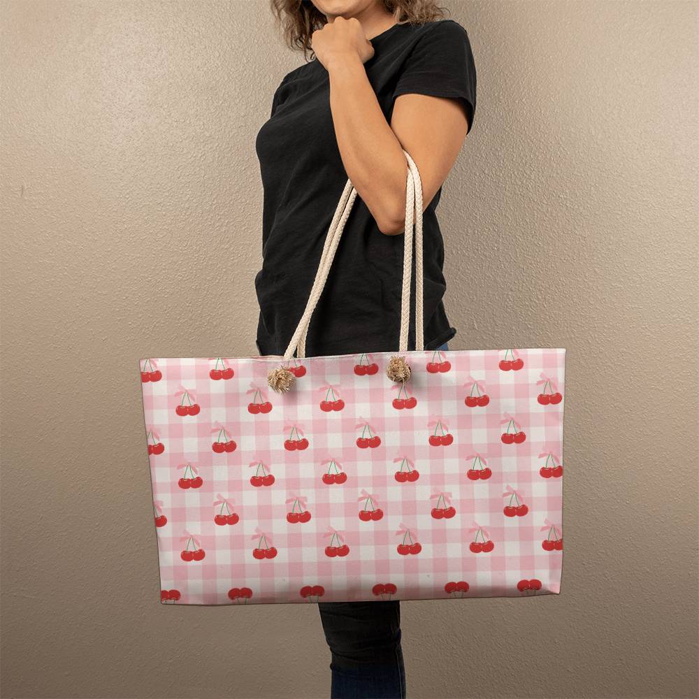 Coquette Pink Plaid Pattern Weekender Tote Cherries Oversized tote Beach bag Large Tote bag