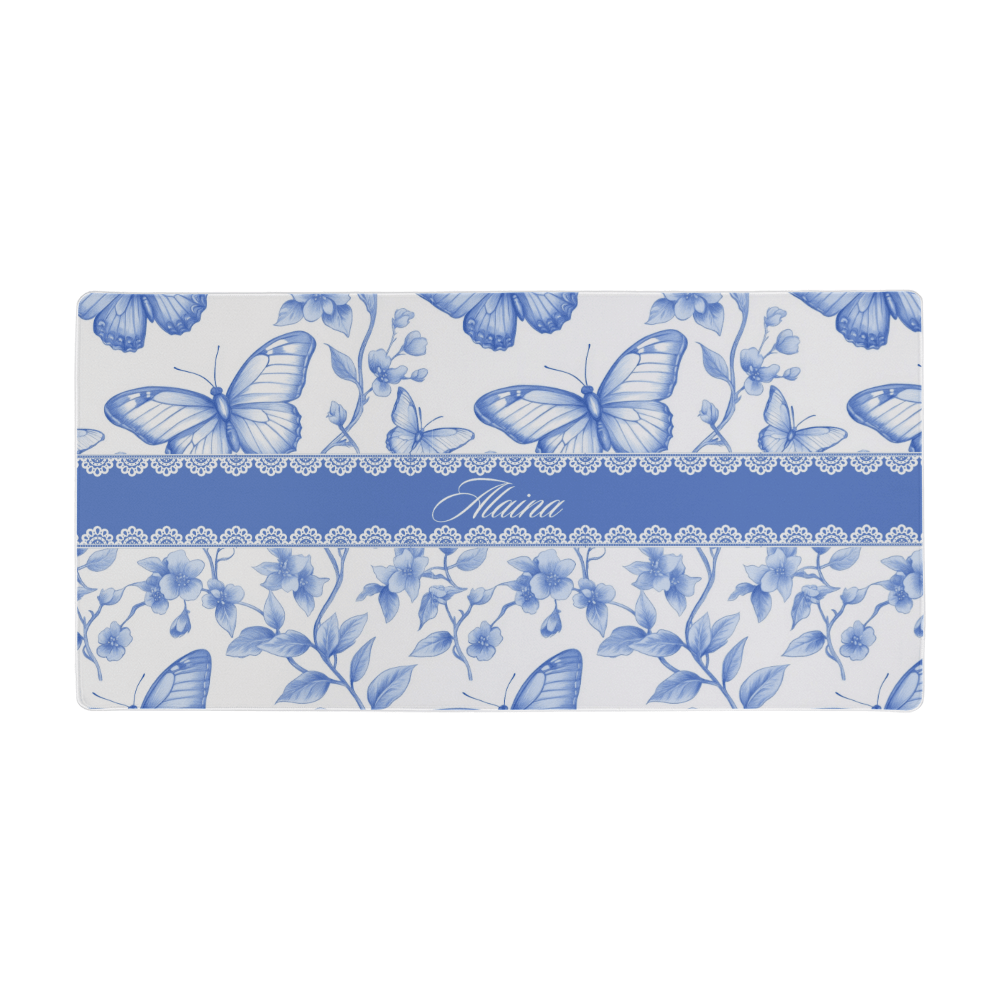 Personalized butterfly Floral Desk Mat, Blue French Country Desk Pad, Custom Name Mouse Pad, Cottagecore Deskmat, Toile de jouy desk pad, chinoiserie deskmat