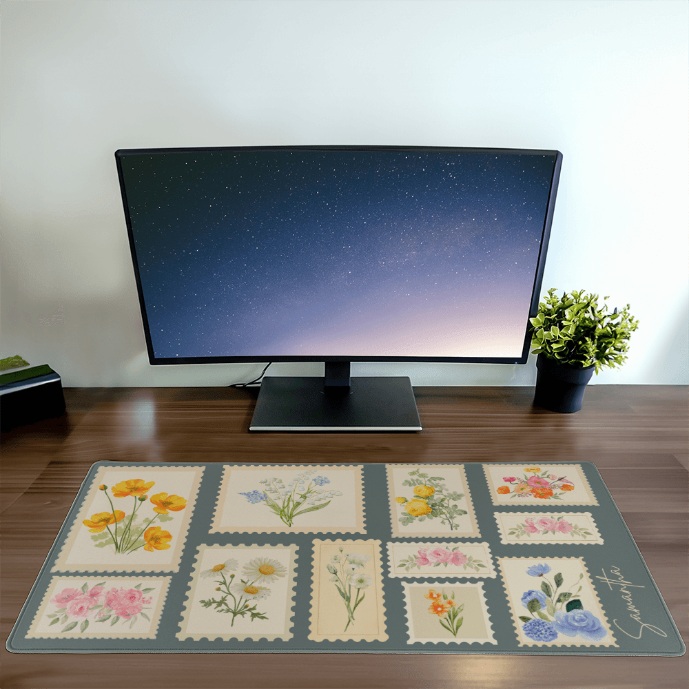 Wildflower Desk mat Pesonalized Postage Stamp XL Desk pad Farmers Market style large mouse pad Cottage Core deskmat, botanical gift