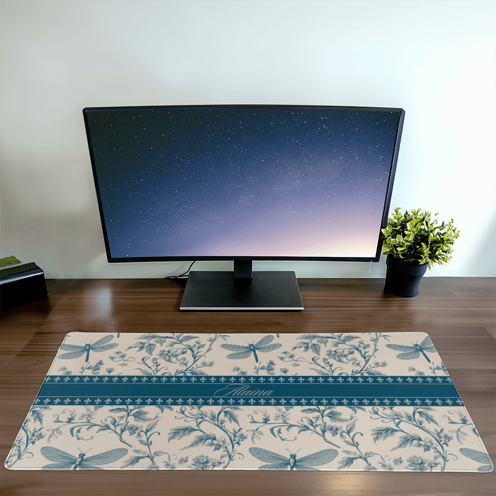 Chinoiserie Dragonfly Desk Mat,Blue Toile dragonflies Deskmat,Toile de jouy XL desk pad French Provencal Farmhouse Chic mouse pad