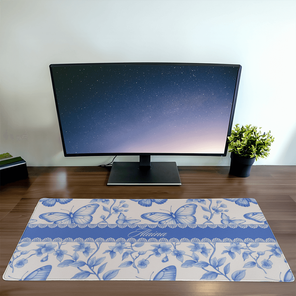 Personalized butterfly Floral Desk Mat, Blue French Country Desk Pad, Custom Name Mouse Pad, Cottagecore Deskmat, Toile de jouy desk pad, chinoiserie deskmat