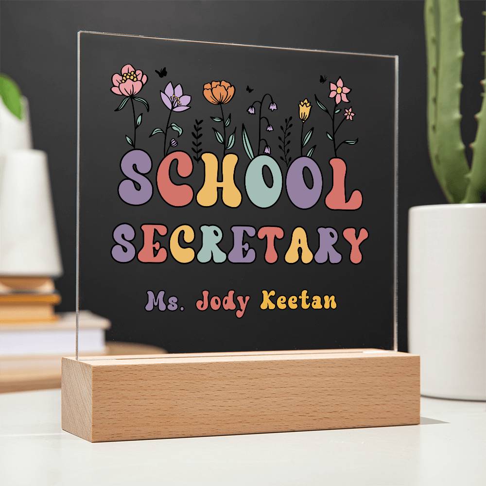 School Secretary Gift Acrylic Plaque School secretary Decor Desk name plate Secretary Sign Custom Office Decor New Job Gift