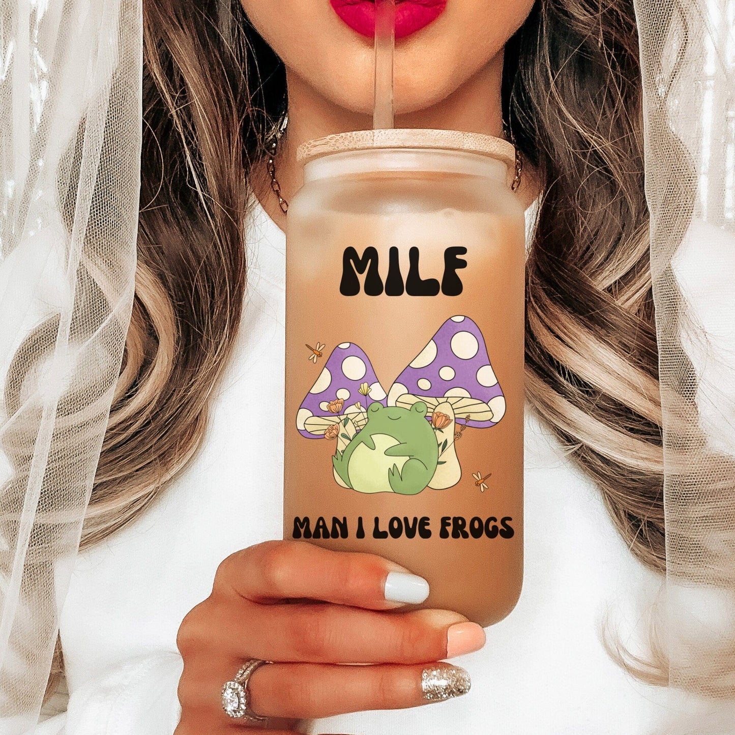 MILF Retro Frog Frosted Iced Coffee Cup Funny Toad Frog Lover Gift Tumbler with Straw Cottagecore Froggy Glass Can Tumbler Froggy Glass Cup
