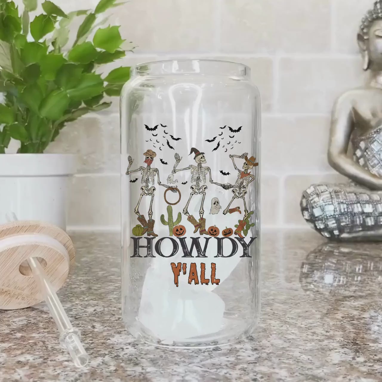 Howdy Y'all Cowboy Skeleton Iced Coffee Cup Funny Halloween Tumbler with Straw Dancing Skeletons 16oz beer Glass Can Tumbler for women