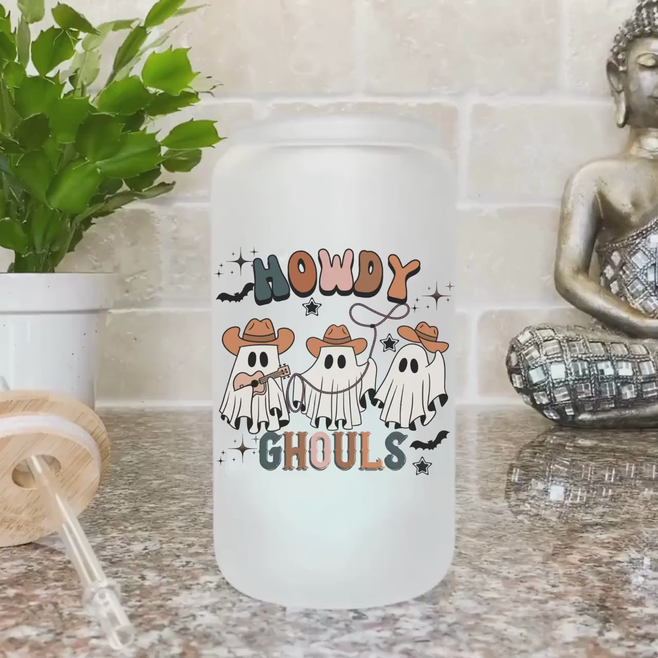 Howdy Ghouls Frosted Iced Coffee Cup Funny Cowboy Ghost Halloween Tumbler with Straw Western Halloween 16oz beer Glass Can Tumbler Gift