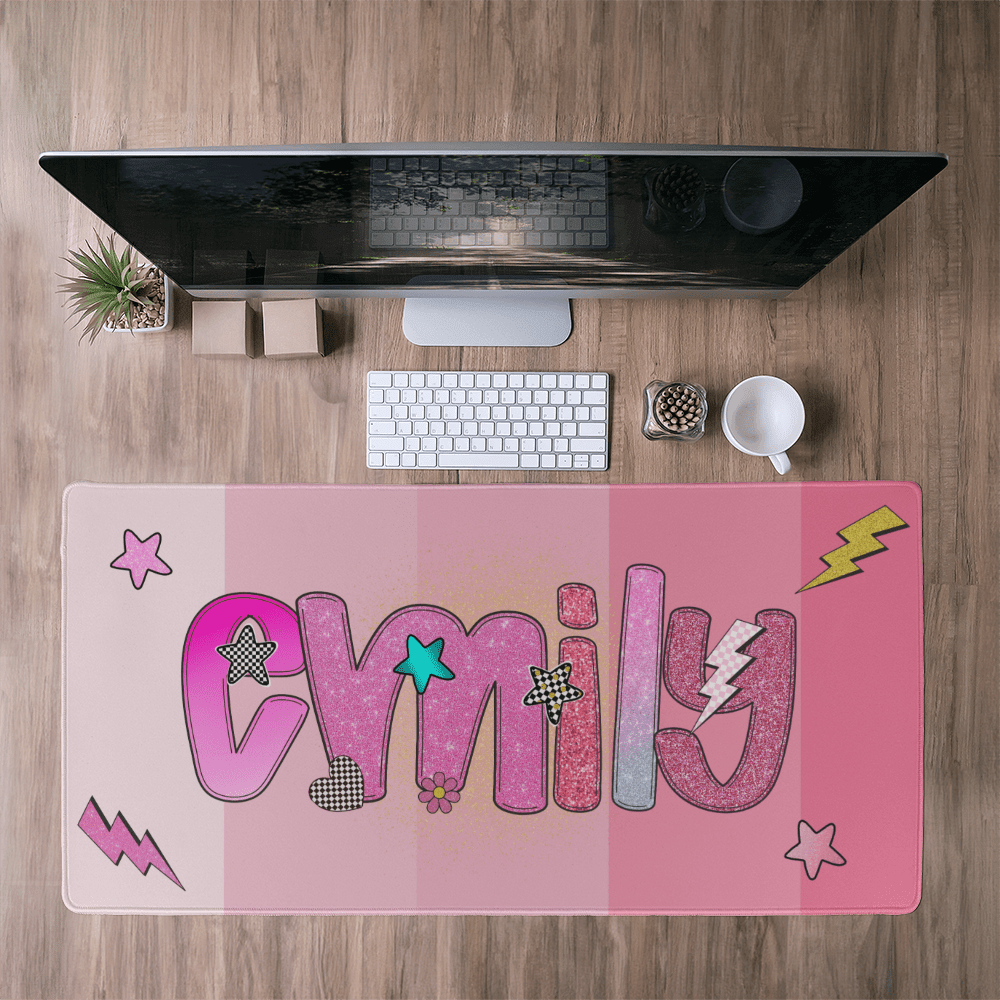 Custom Name Desk Mat, Personalized Purple Faux Glitter Desk Pad, Lightning Bolt Mouse Pad, Tween Girl Gift, Cool Aesthetic Desk Decor