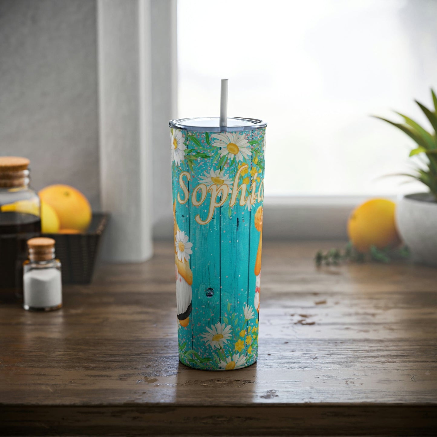 Gnome Daisy Flowers Skinny Steel Tumbler with Straw, 20oz