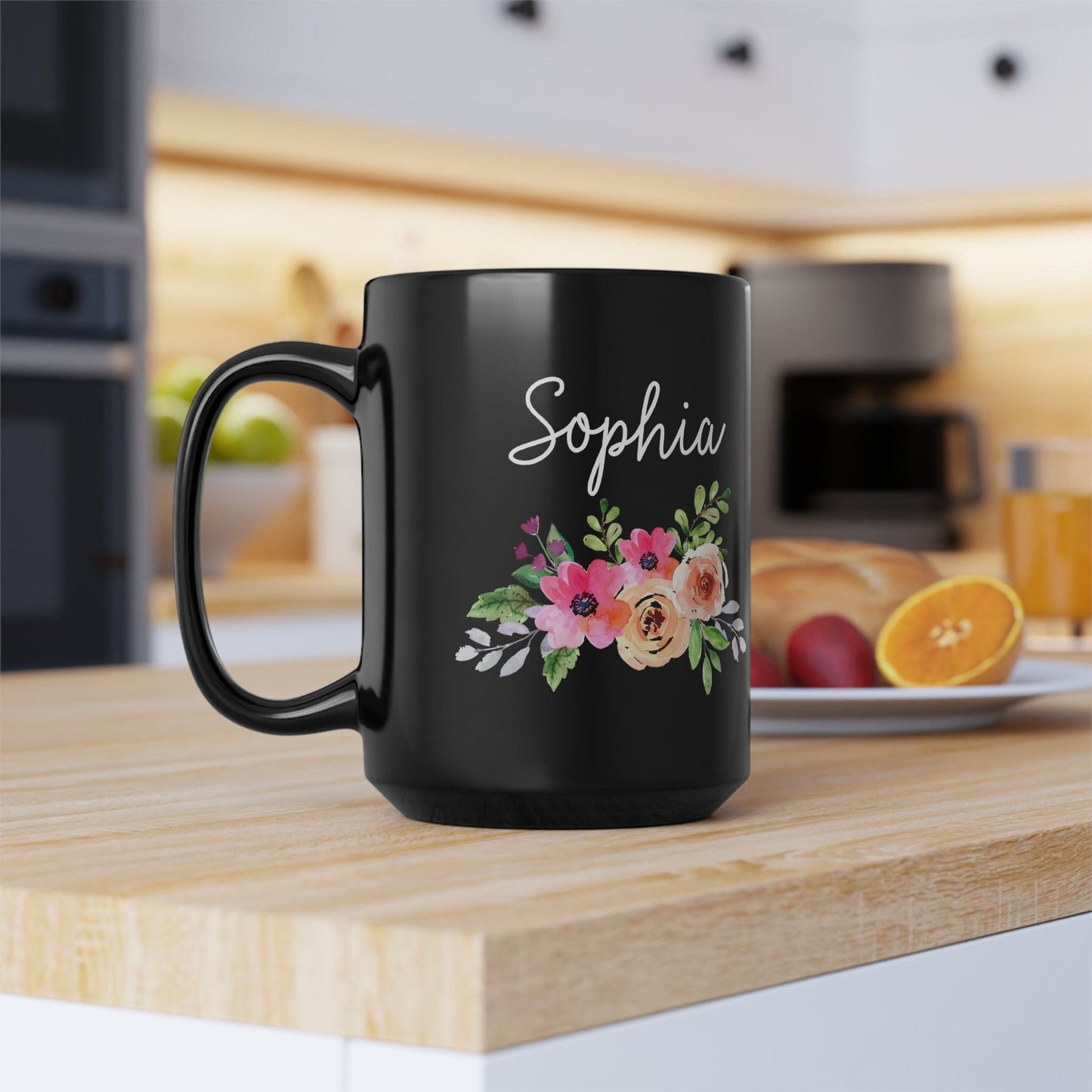 Personalized Name Floral Black Coffee Cup - Mug