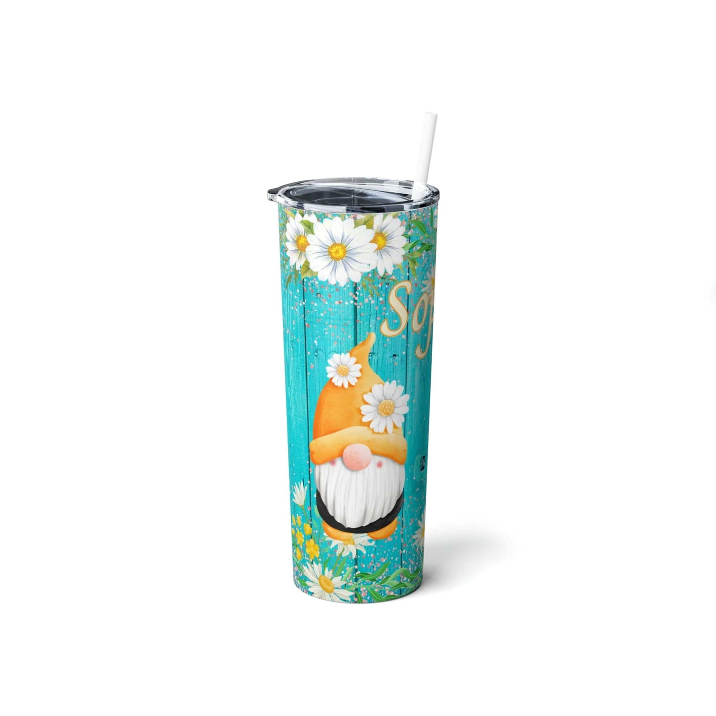 Gnome Daisy Flowers Skinny Steel Tumbler with Straw, 20oz