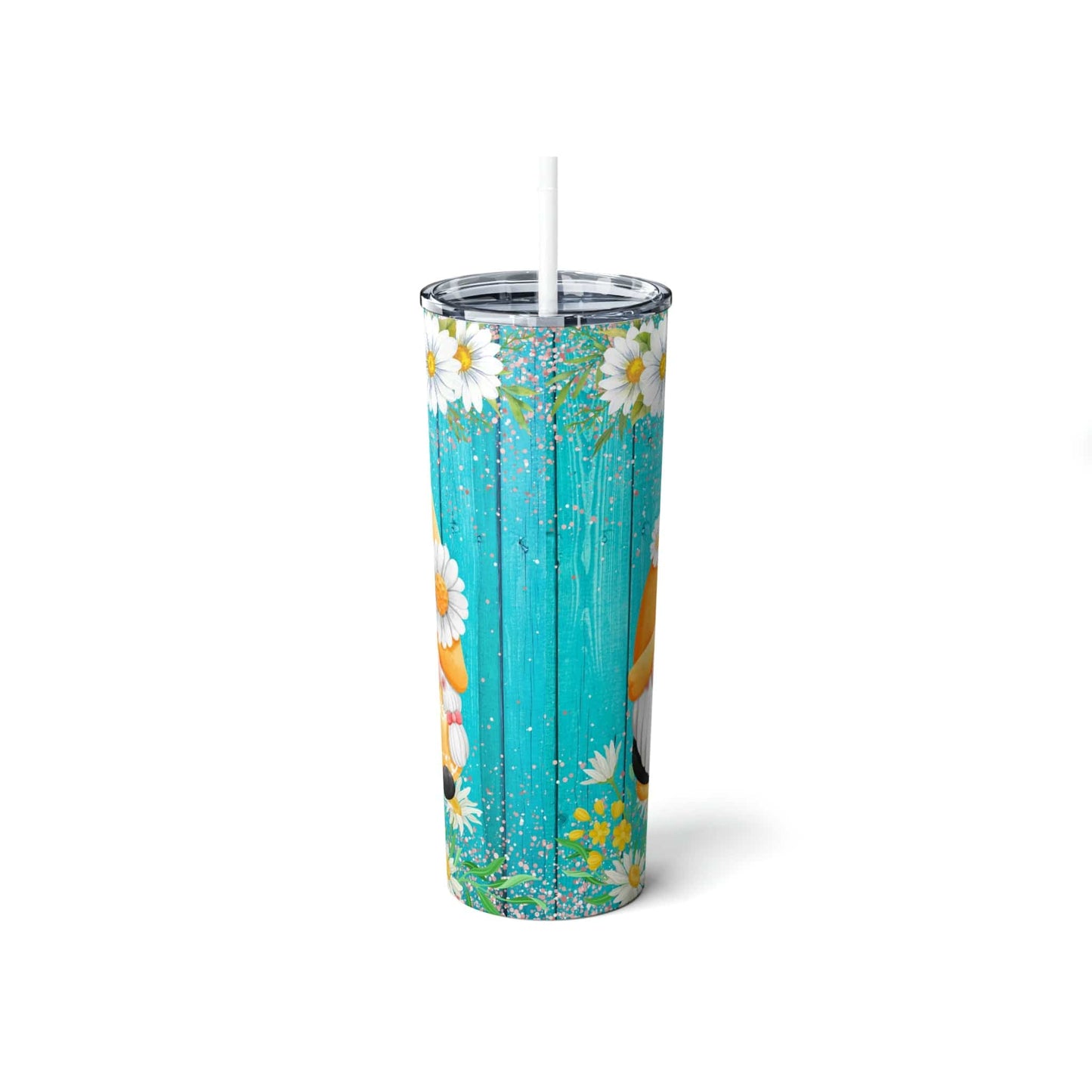 Gnome Daisy Flowers Skinny Steel Tumbler with Straw, 20oz