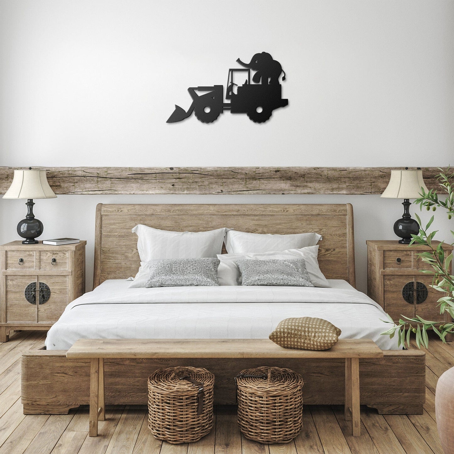 Excavator with Elephant Nursery Metal Wall Art