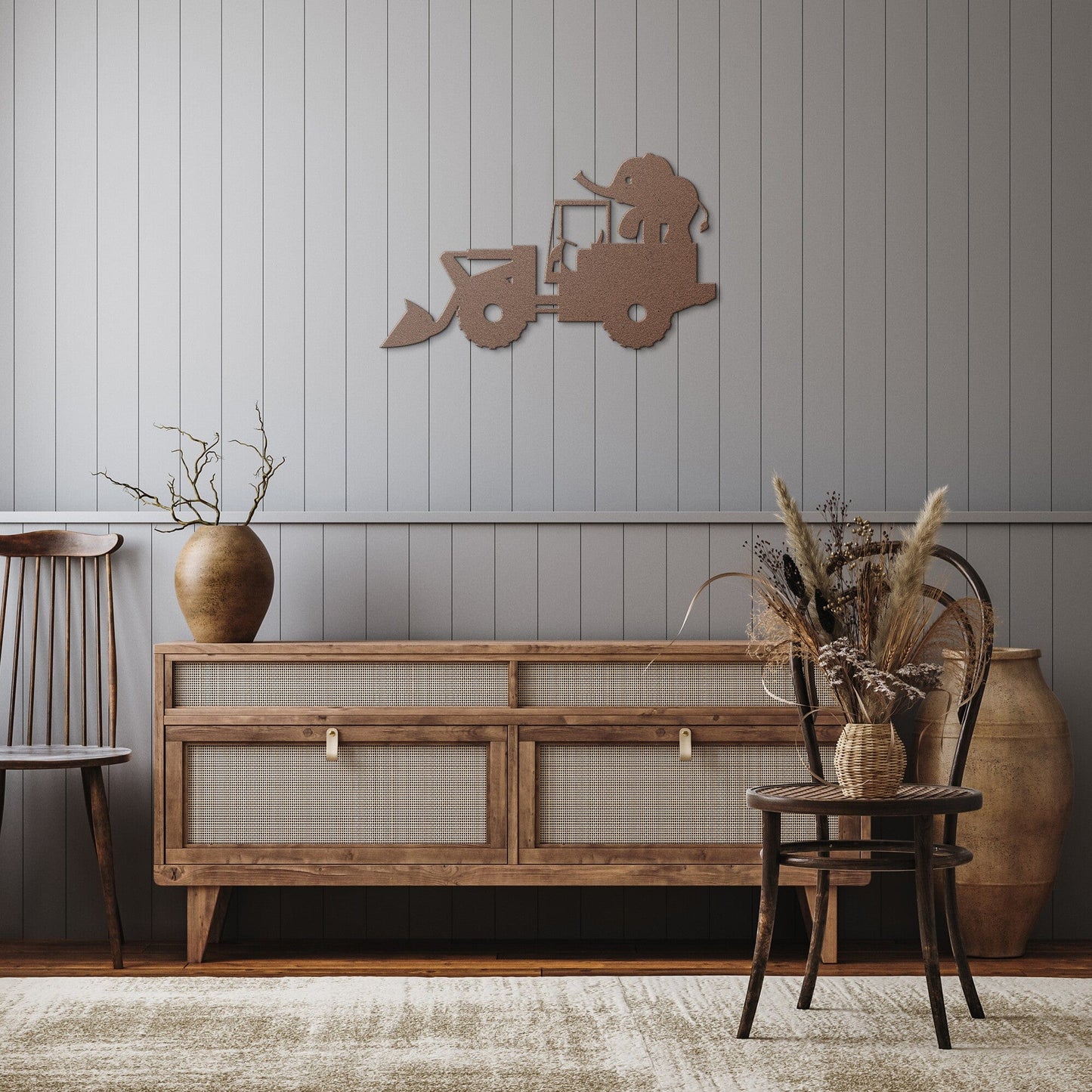 Excavator with Elephant Nursery Metal Wall Art