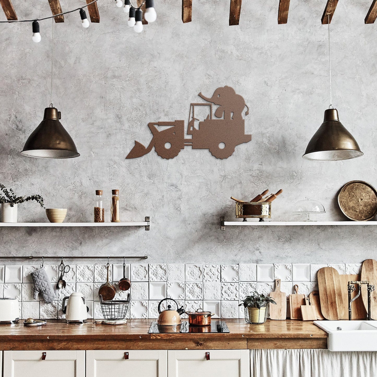 Excavator with Elephant Nursery Metal Wall Art