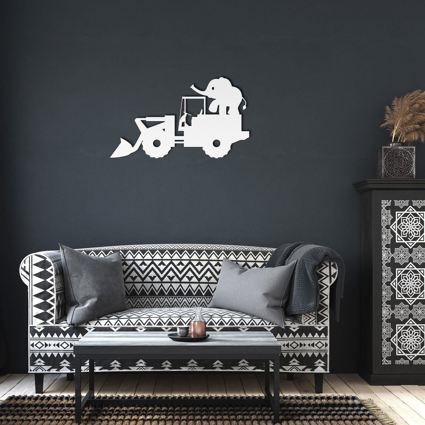 Excavator with Elephant Nursery Metal Wall Art