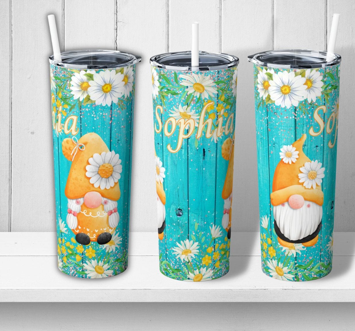 Gnome Daisy Flowers Skinny Steel Tumbler with Straw, 20oz
