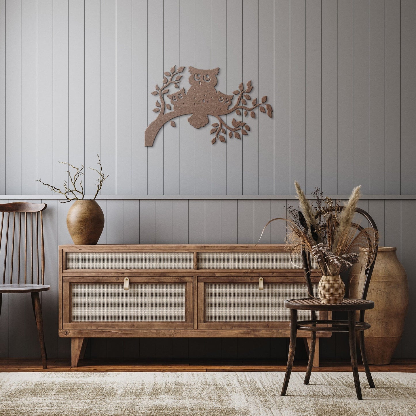 Owl Family on a Tree Branch Metal Wall Art