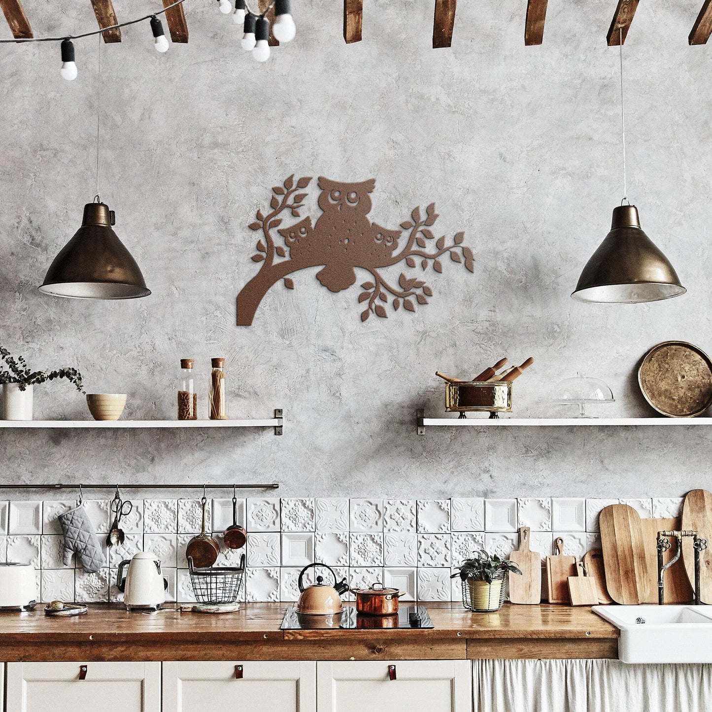 Owl Family on a Tree Branch Metal Wall Art