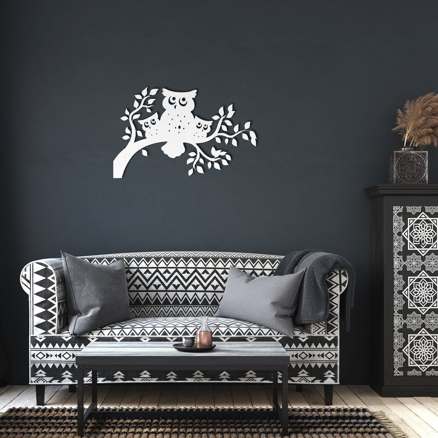 Owl Family on a Tree Branch Metal Wall Art