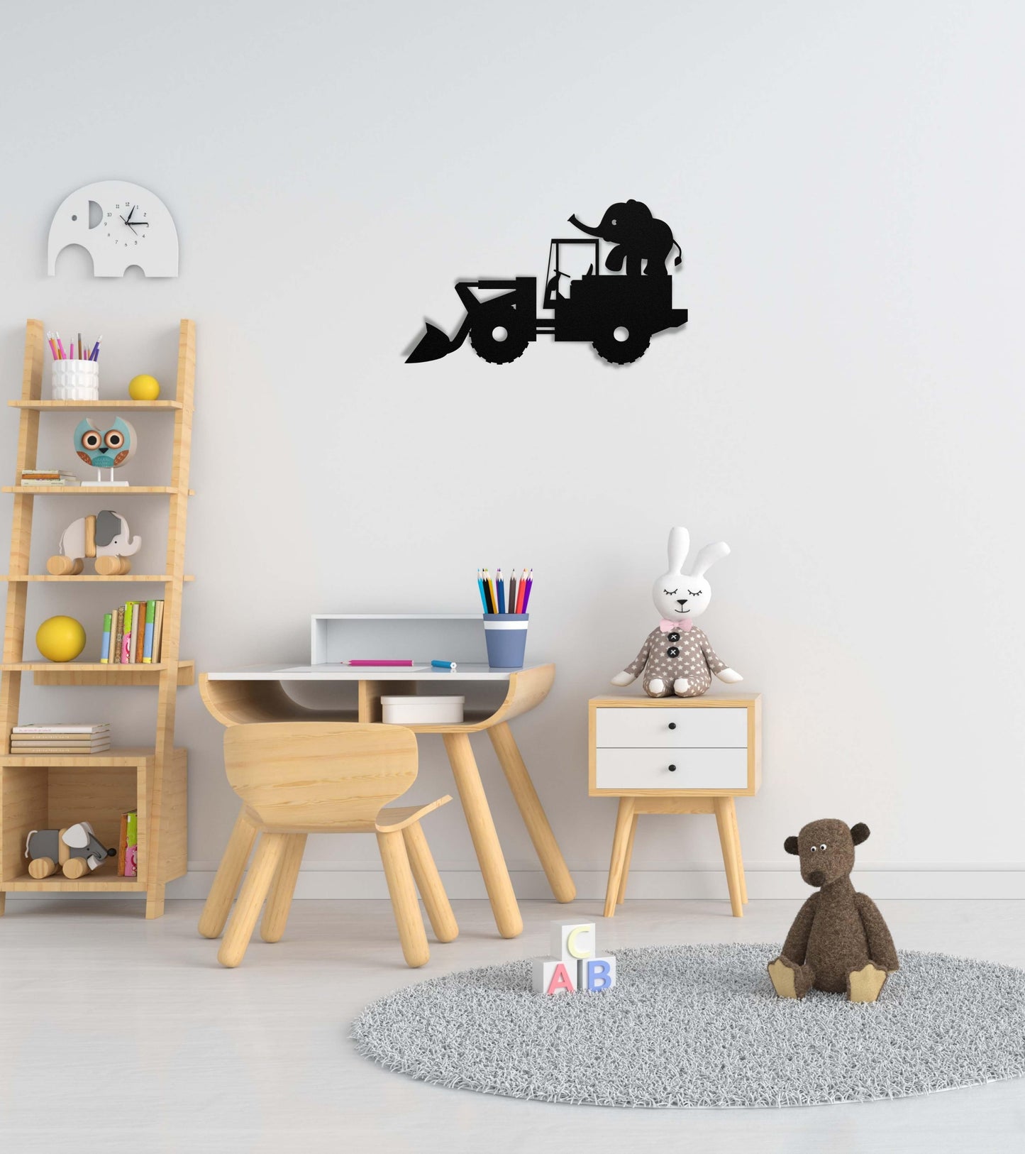 Excavator with Elephant Nursery Metal Wall Art