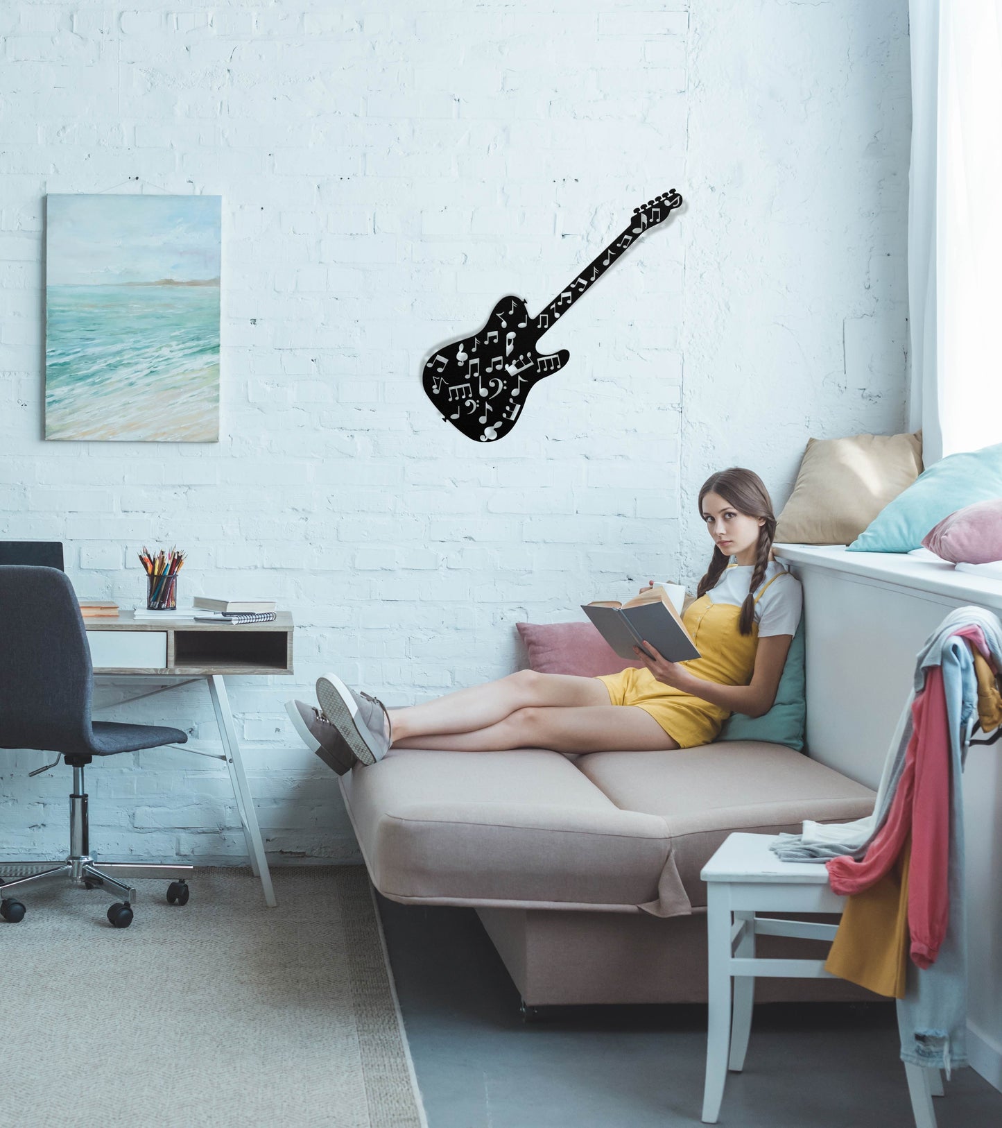 Girl Room-Guitar-with-Music Notes -Black