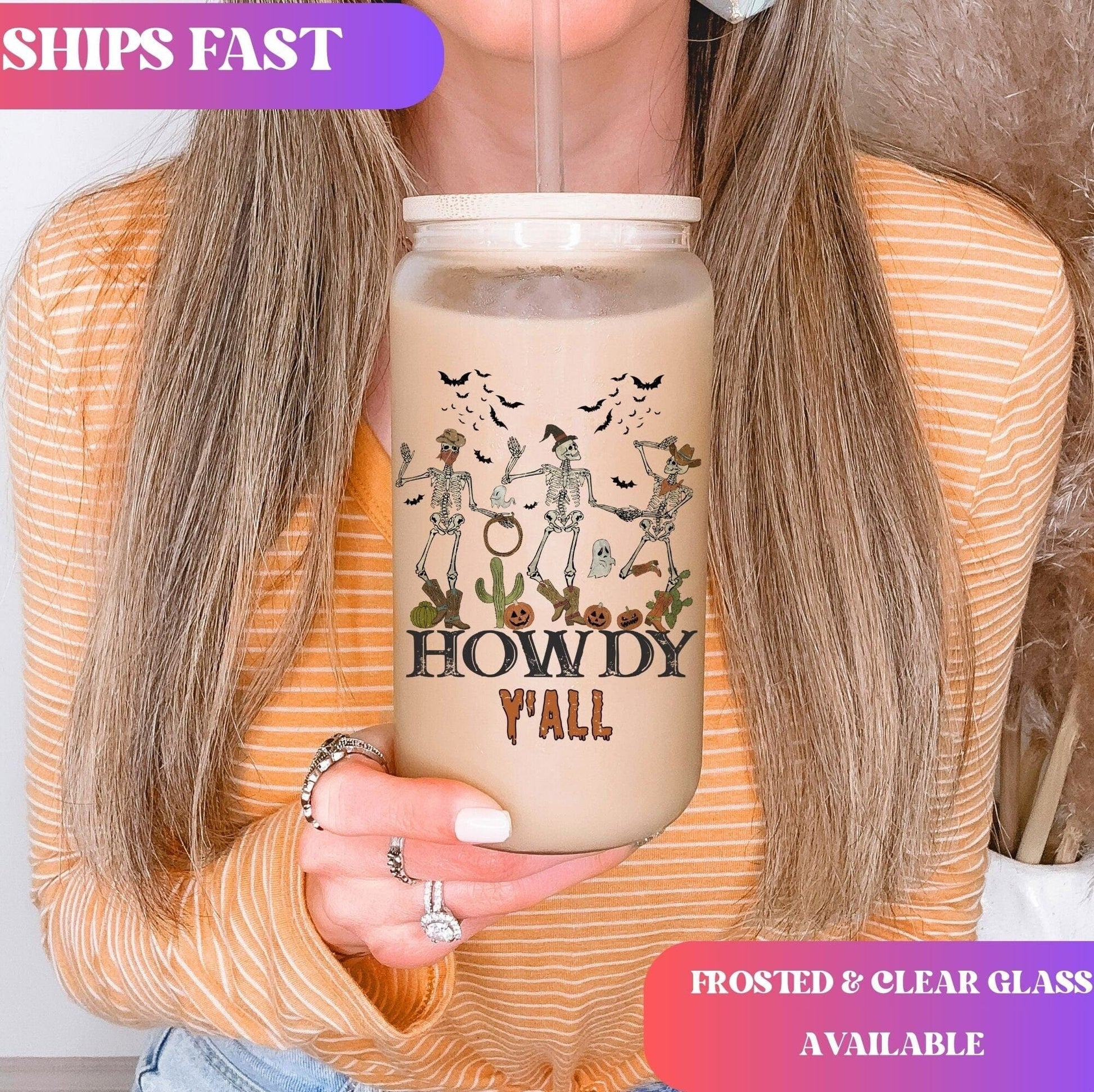 Howdy Y'all Cowboy Skeleton Iced Coffee Cup Funny Halloween Tumbler with Straw Dancing Skeletons 16oz beer Glass Can Tumbler for women