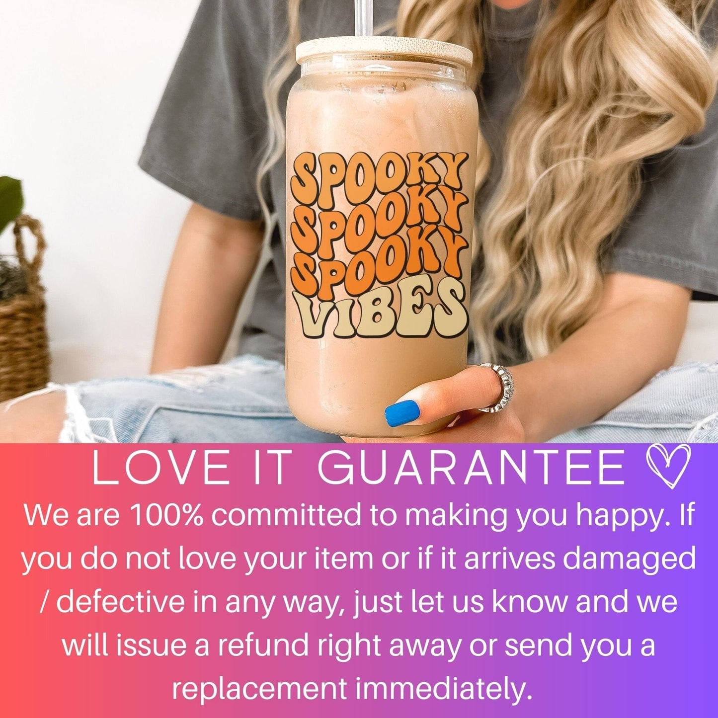 Spooky Vibes Halloween Iced Coffee Cup Cute Retro Halloween Frosted Tumbler with Straw Fall Vibes 16oz beer Glass Can Tumbler Gift for women