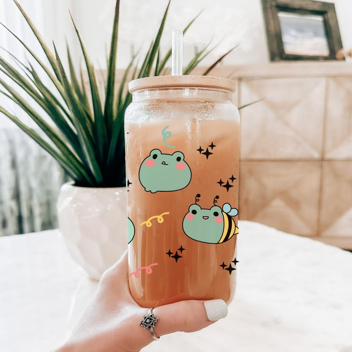 Frog Kawaii Frosted Iced Coffee Cup Funny Cute Frog Lover Gift Tumbler with Straw Frog Gifts Glass Can Tumbler Froggy Glass Cup with lid