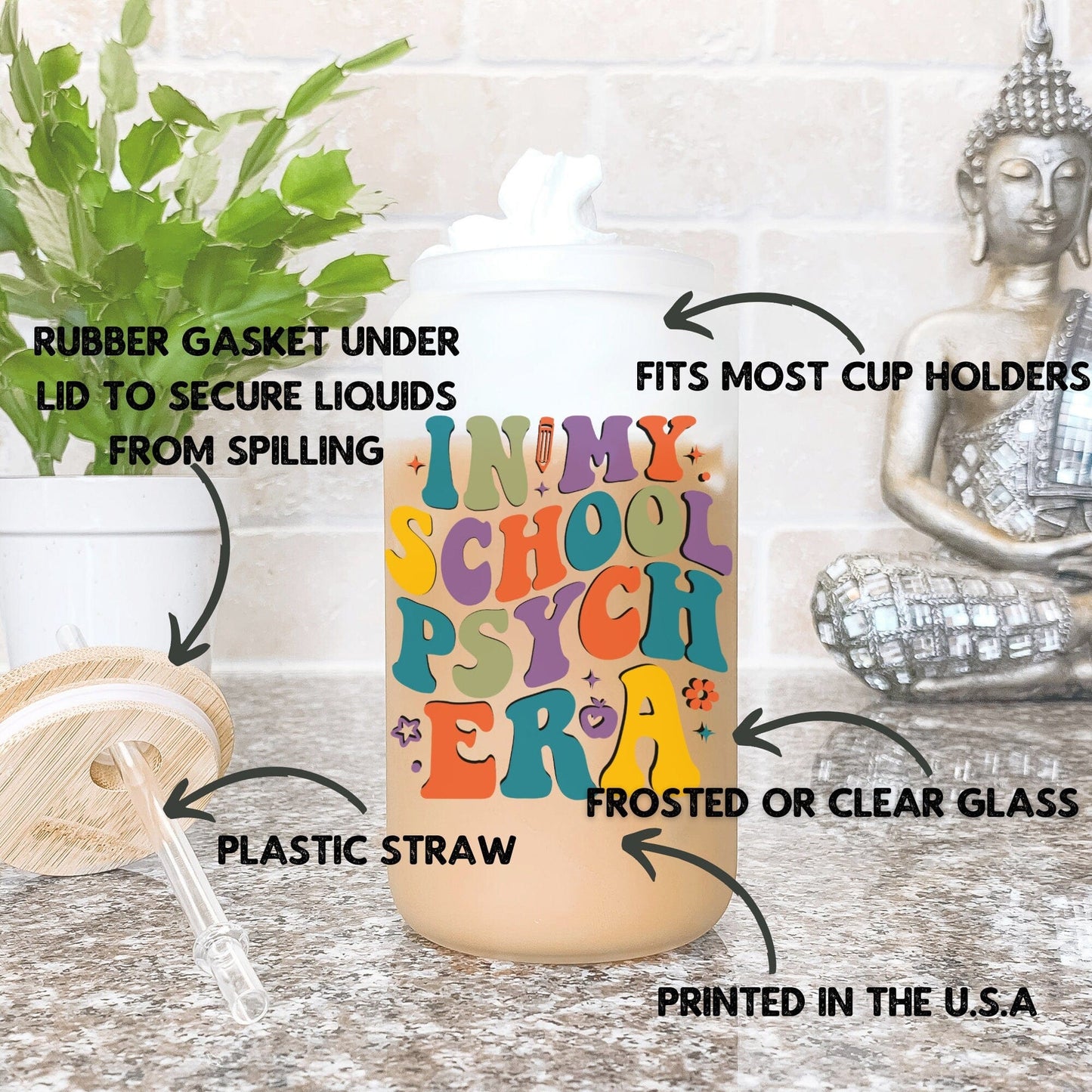 School Psychologist Glass Frosted Coffee Cup In my School Psych Era Cup with Lid Retro Therapist Tumbler Gift Social Worker School Counselor