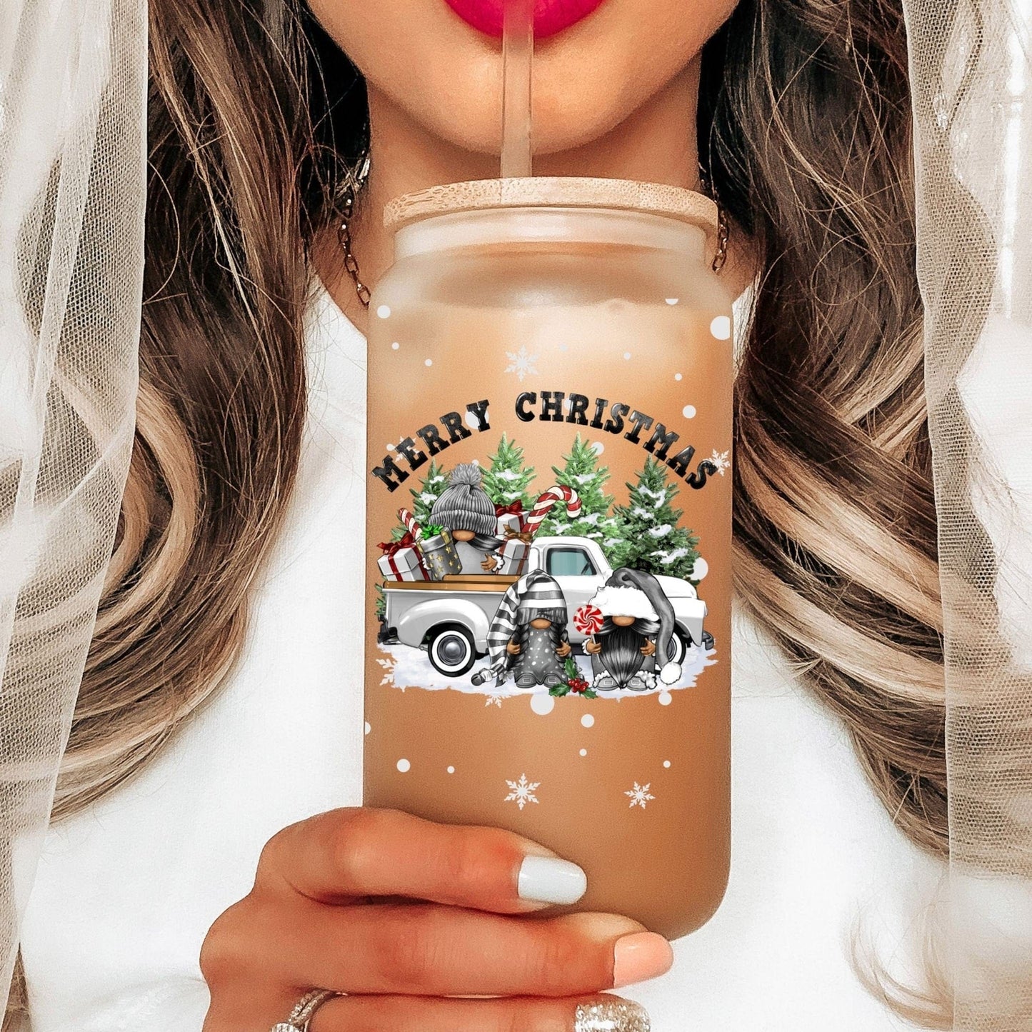 Christmas Gnomes Glass Frosted Coffee Cup Cute Scandinavian gnomies Cup with Lid Merry Christmas Holly Jolly Tumbler Coworker Secret Santa