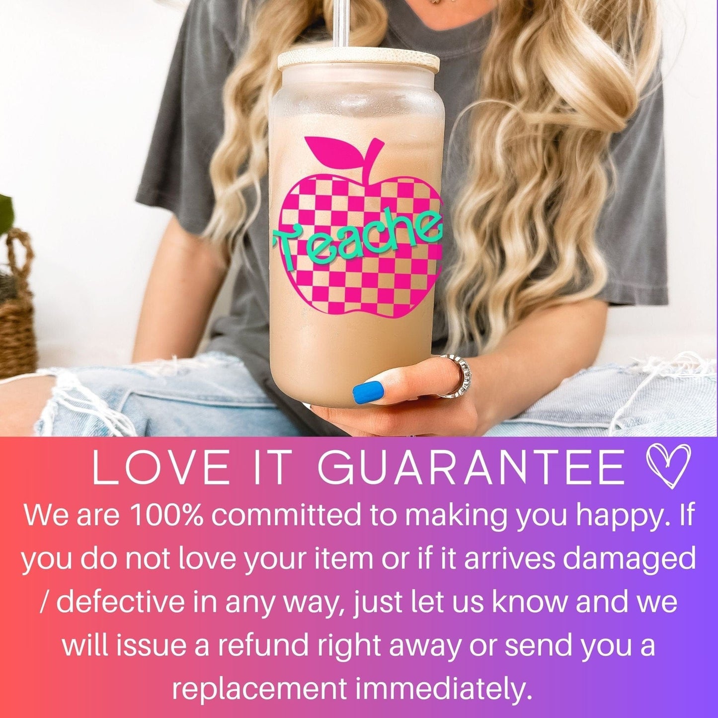 Teacher Iced Coffee Cup Retro Hot pink Personalized Teacher Frosted Tumbler with Straw Elementary teacher custom glass cup Teacher tumbler