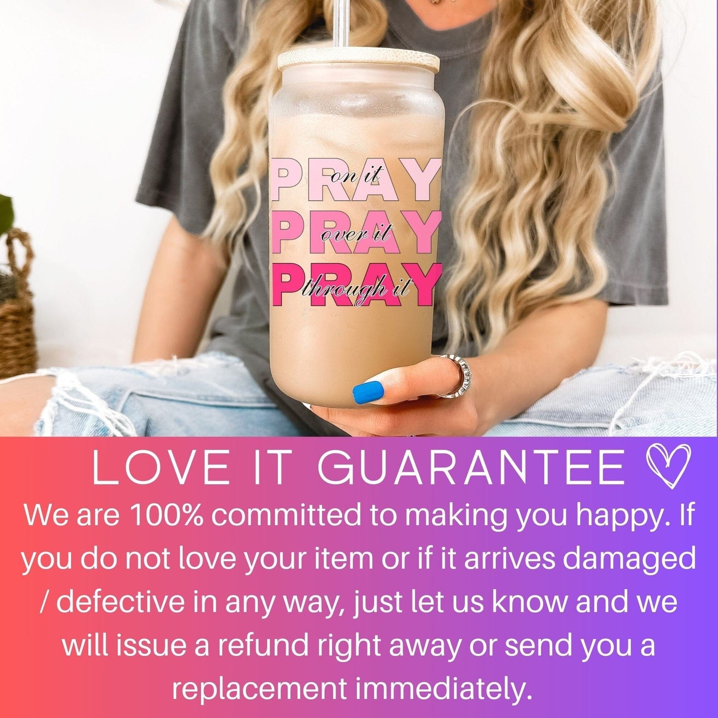 Pray on it Christian Iced Coffee Tumbler Religious Frosted Cup Faith Cup Prayer Tumbler with Straw Pray Through it Inspirational Glass Coffe