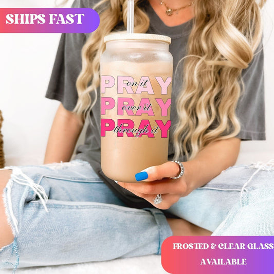 Pray on it Christian Iced Coffee Tumbler Religious Frosted Cup Faith Cup Prayer Tumbler with Straw Pray Through it Inspirational Glass Coffe