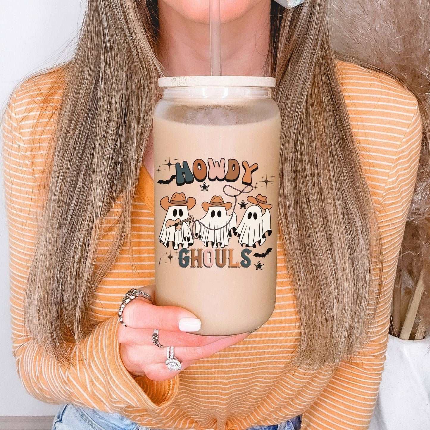 Howdy Ghouls Frosted Iced Coffee Cup Funny Cowboy Ghost Halloween Tumbler with Straw Western Halloween 16oz beer Glass Can Tumbler Gift