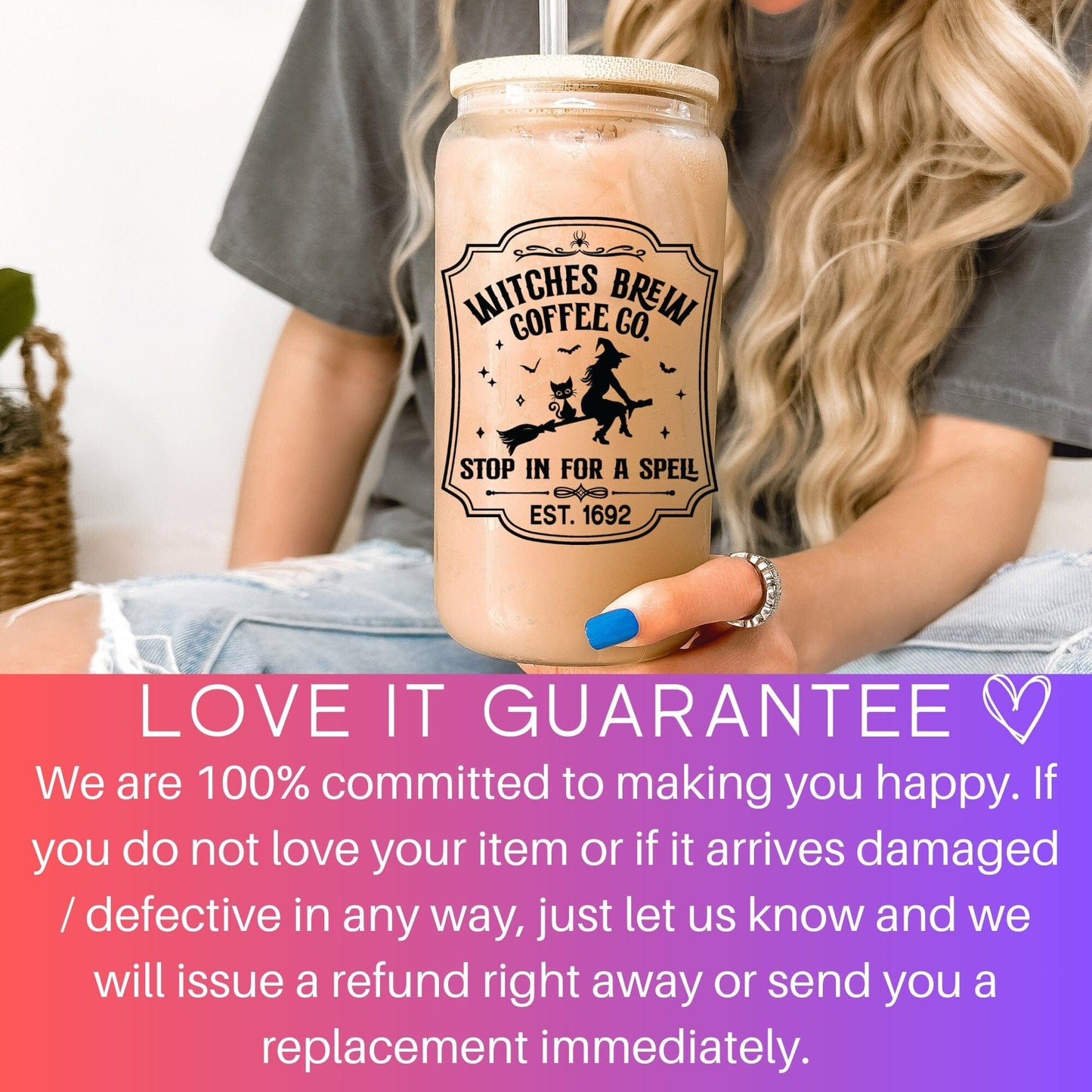 Witches Brew Coffee Co Iced Coffee Cup, Fall Glass Tumbler, Frosted Glass Halloween Mug, Potion Iced Coffee Can with Bamboo Lid and Straw