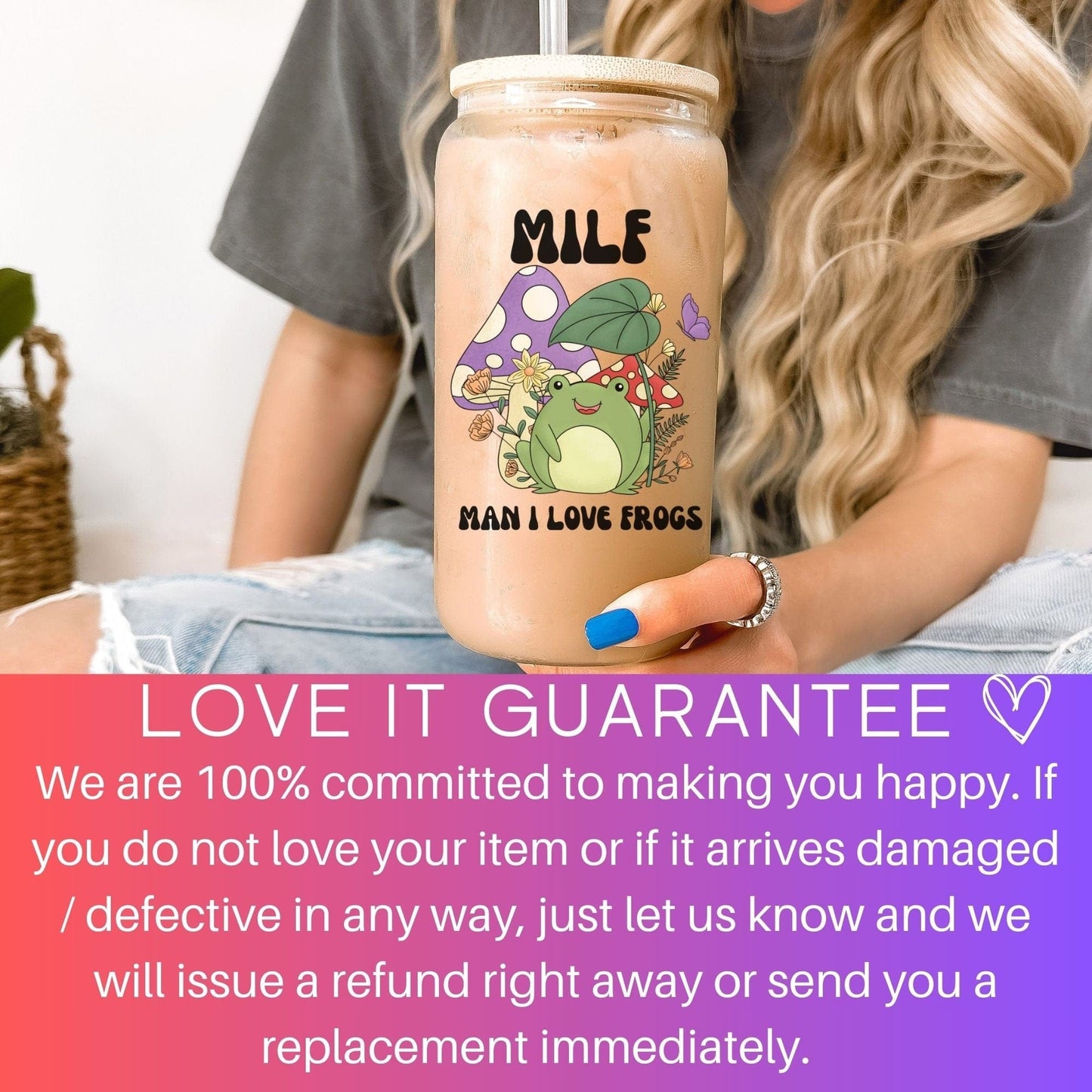 MILF Retro Frog Frosted Iced Coffee Cup Funny Toad Frog Lover Gift Tumbler with Straw Cottagecore Froggy Glass Can Tumbler Froggy Glass Cup