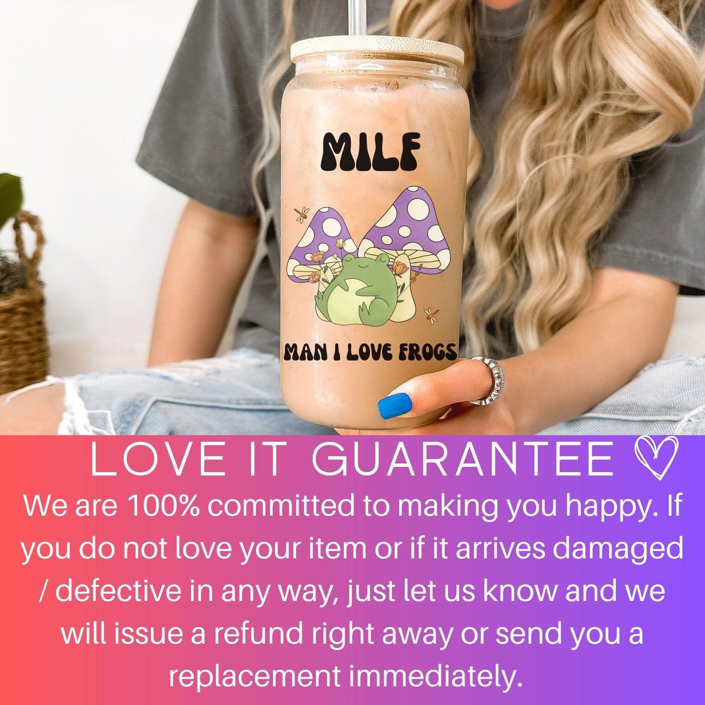 MILF Retro Frog Frosted Iced Coffee Cup Funny Toad Frog Lover Gift Tumbler with Straw Cottagecore Froggy Glass Can Tumbler Froggy Glass Cup