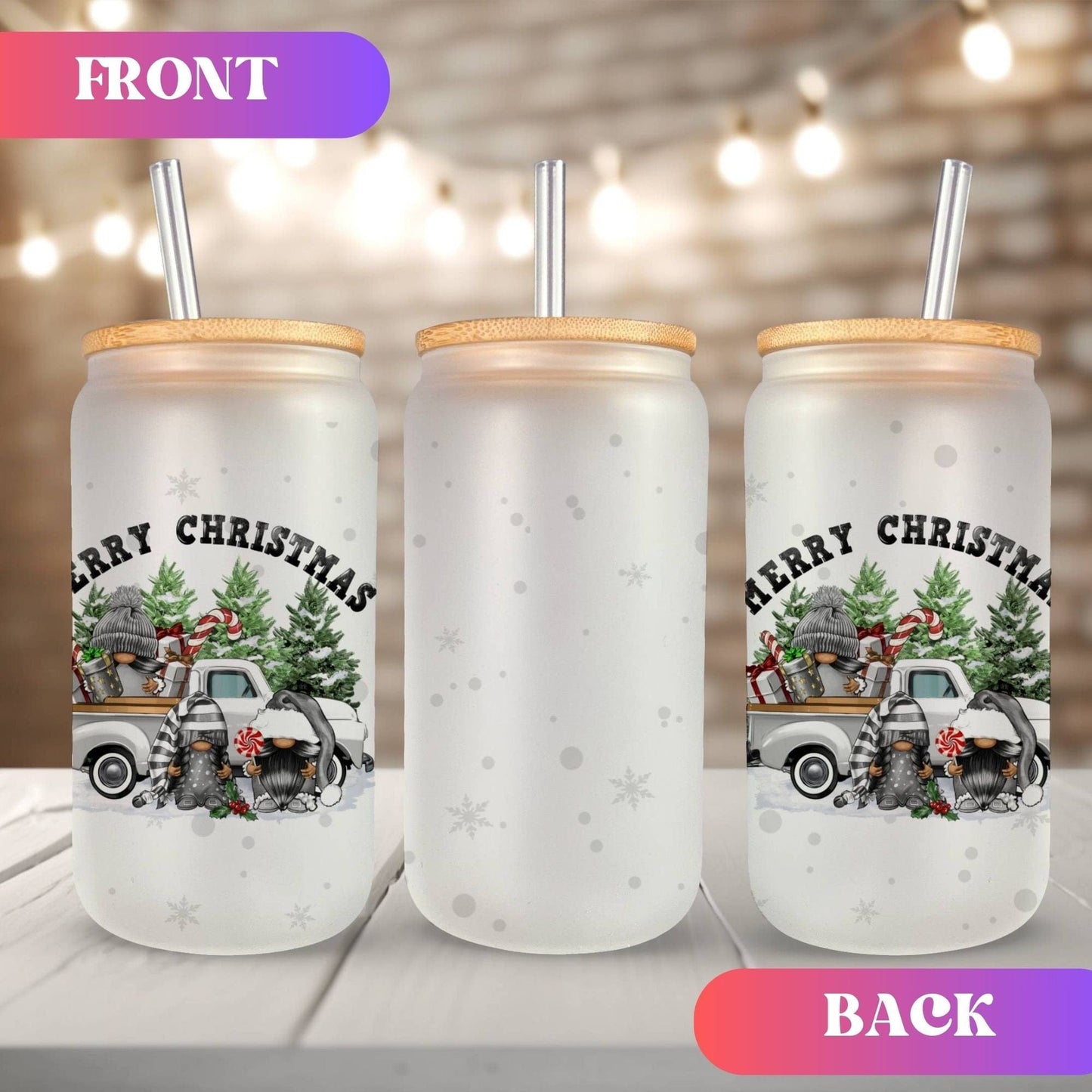 Christmas Gnomes Glass Frosted Coffee Cup Cute Scandinavian gnomies Cup with Lid Merry Christmas Holly Jolly Tumbler Coworker Secret Santa