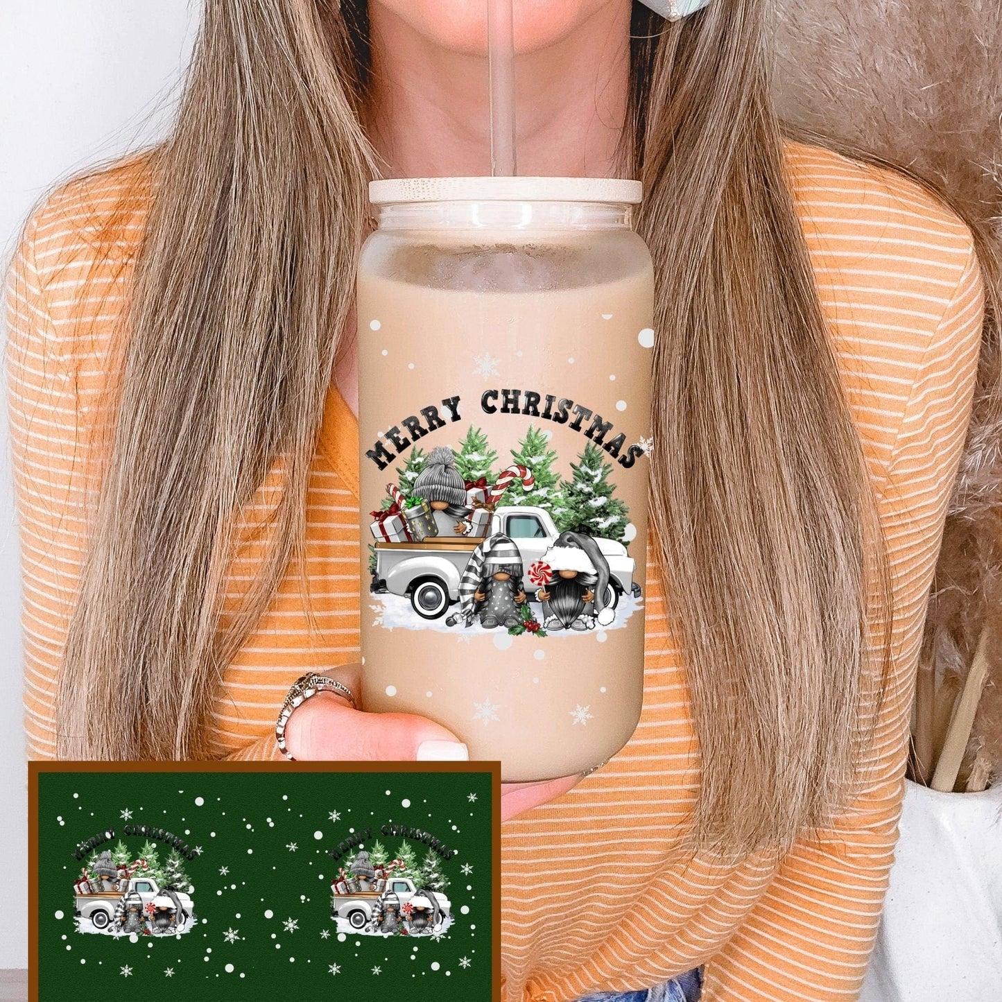 Christmas Gnomes Glass Frosted Coffee Cup Cute Scandinavian gnomies Cup with Lid Merry Christmas Holly Jolly Tumbler Coworker Secret Santa