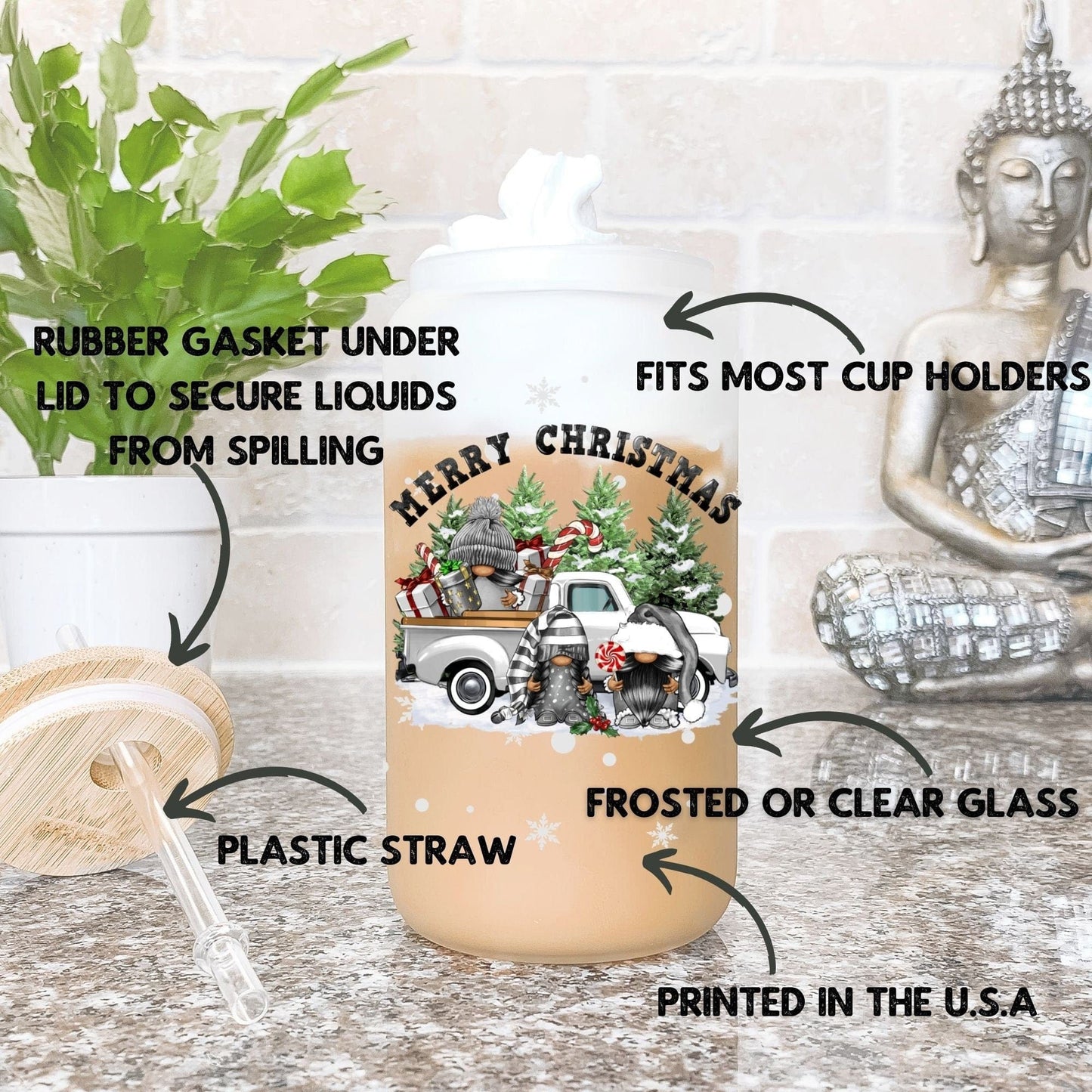 Christmas Gnomes Glass Frosted Coffee Cup Cute Scandinavian gnomies Cup with Lid Merry Christmas Holly Jolly Tumbler Coworker Secret Santa