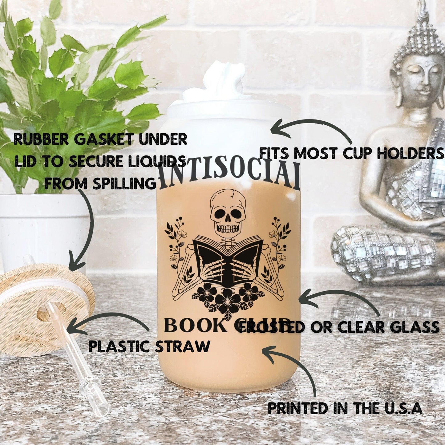 Anti Social Book Club Iced Coffee Cup Booktrovert Frosted Tumblers Bookish Gift Book Lover gift Tumbler & straw Gift Funny Reading Glass Can