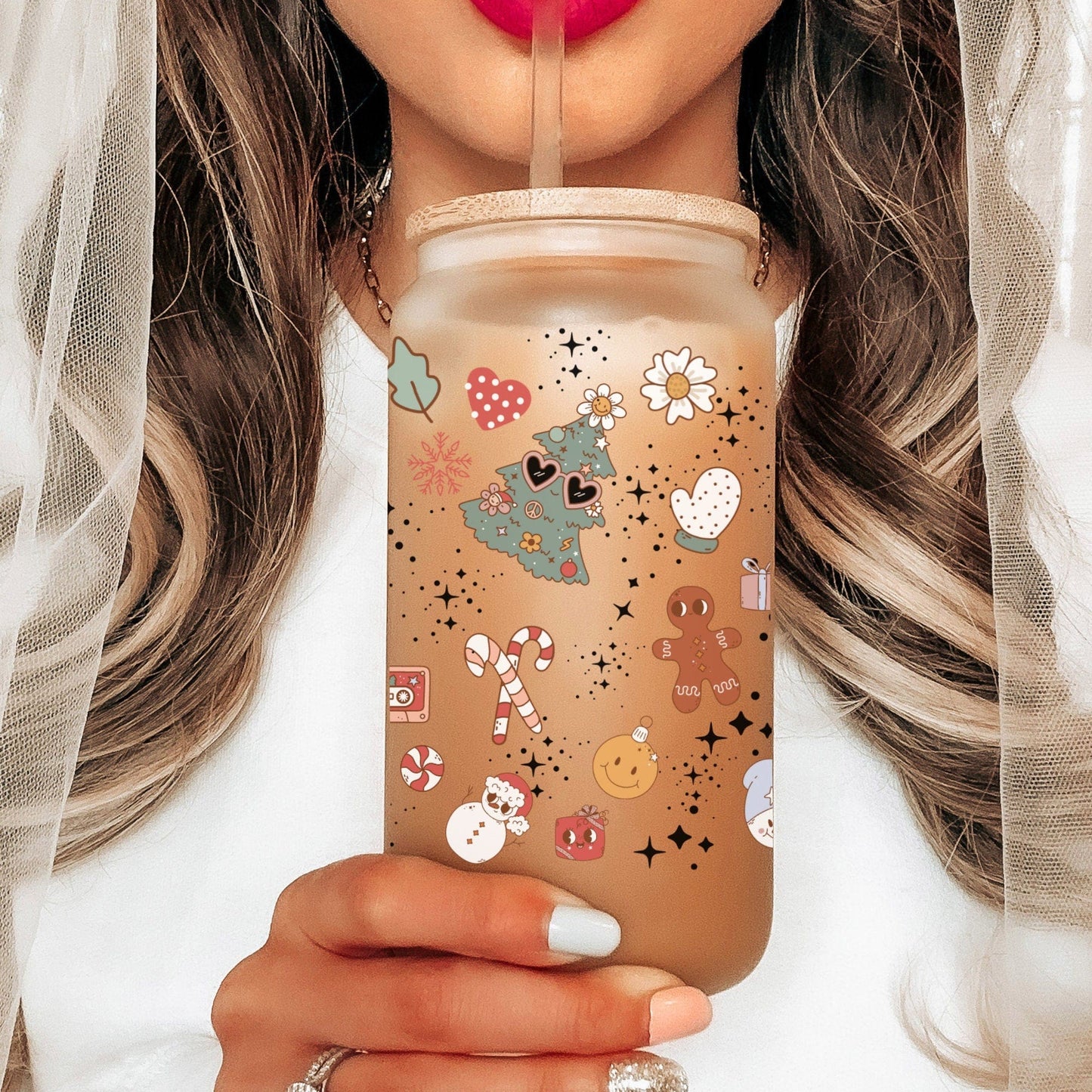 Christmas Iced Coffee Cup Xmas Frosted Tumblers Christmas party Beer Glass gift Tumbler & straw Christmas Vacation Tumbler Santa Coffee Cup