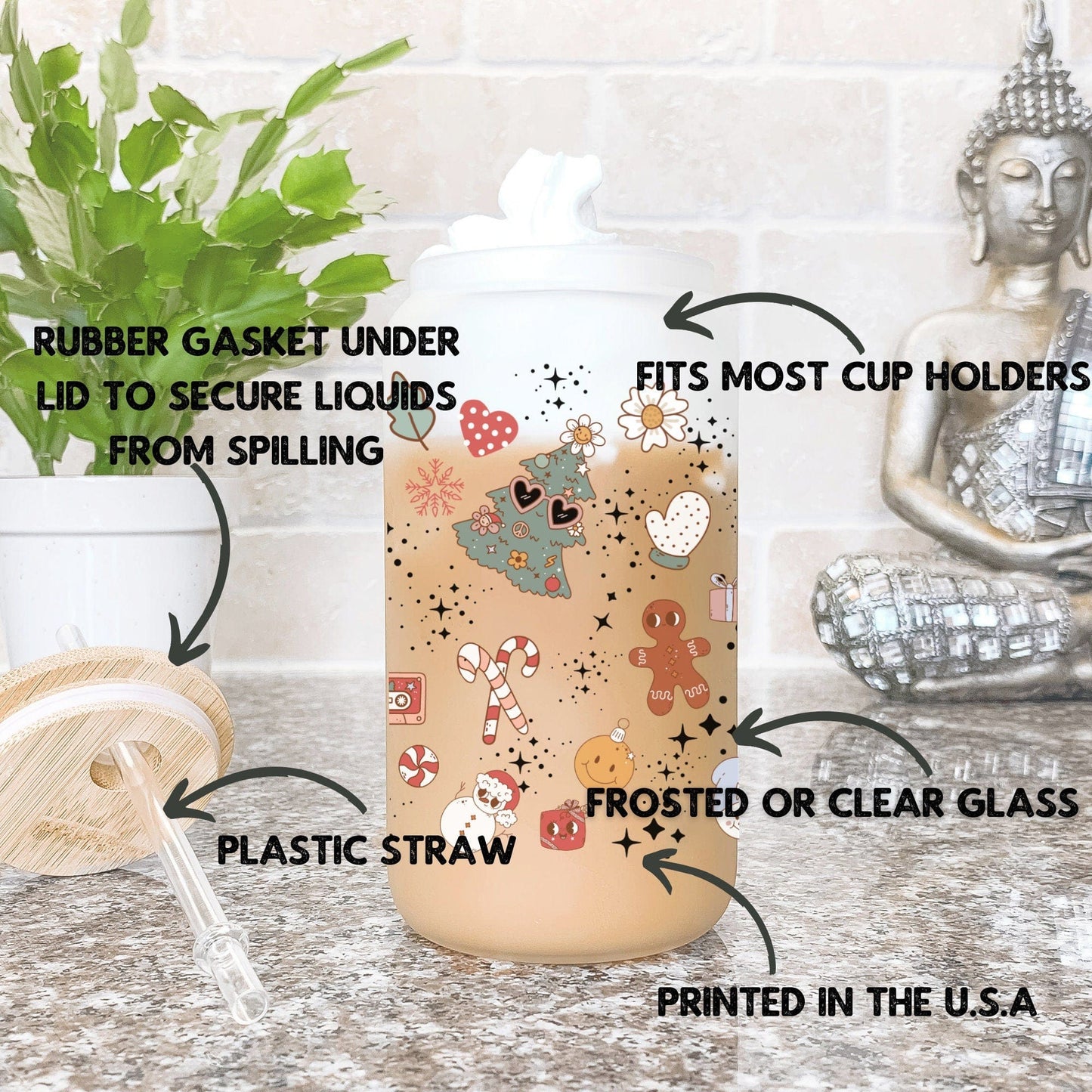 Christmas Iced Coffee Cup Xmas Frosted Tumblers Christmas party Beer Glass gift Tumbler & straw Christmas Vacation Tumbler Santa Coffee Cup