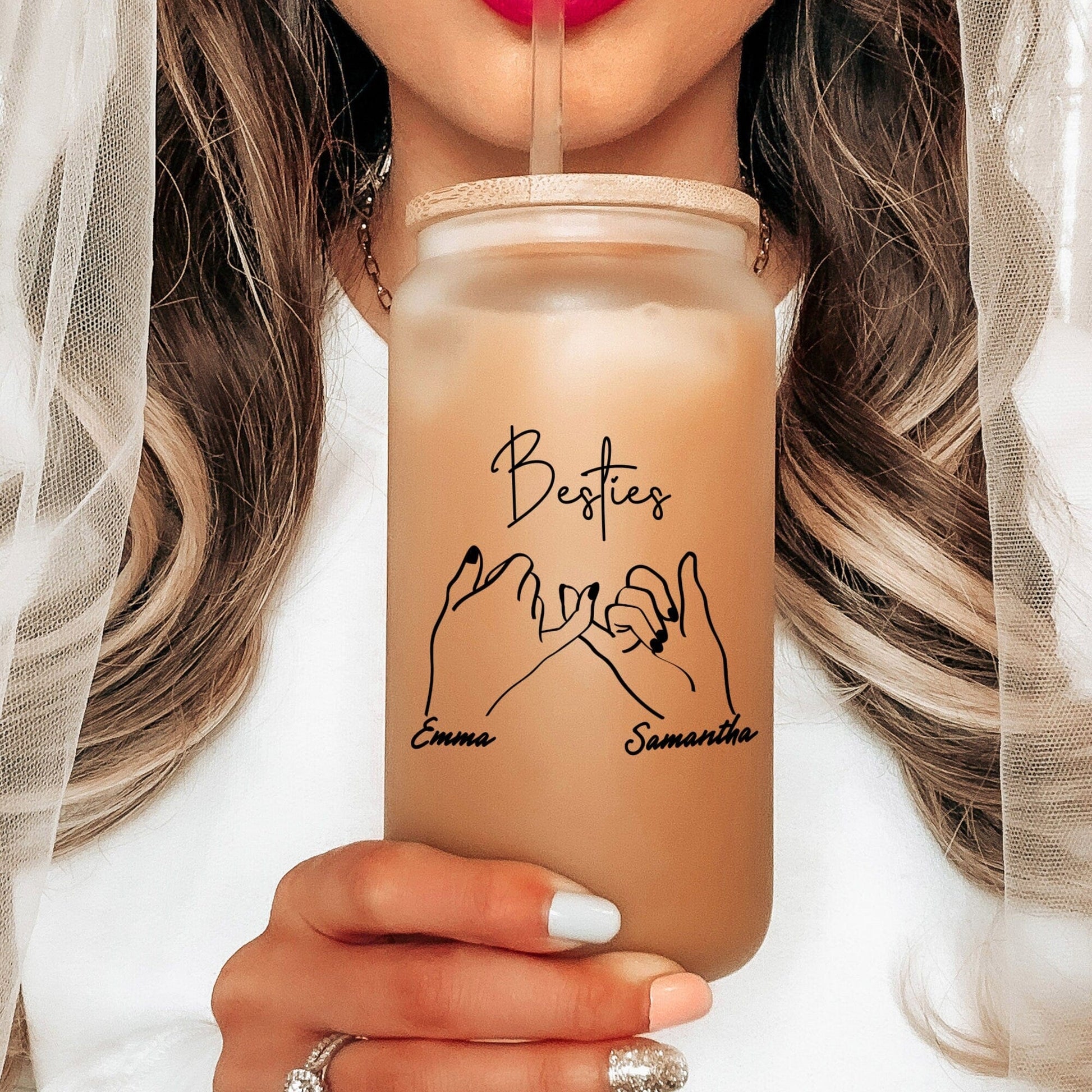 Custom Besties Iced Coffee Cup Personalized Best friend Frosted Beer glass with Bamboo Lid Bestie Gifts for best friend Birthday Gifts BFF