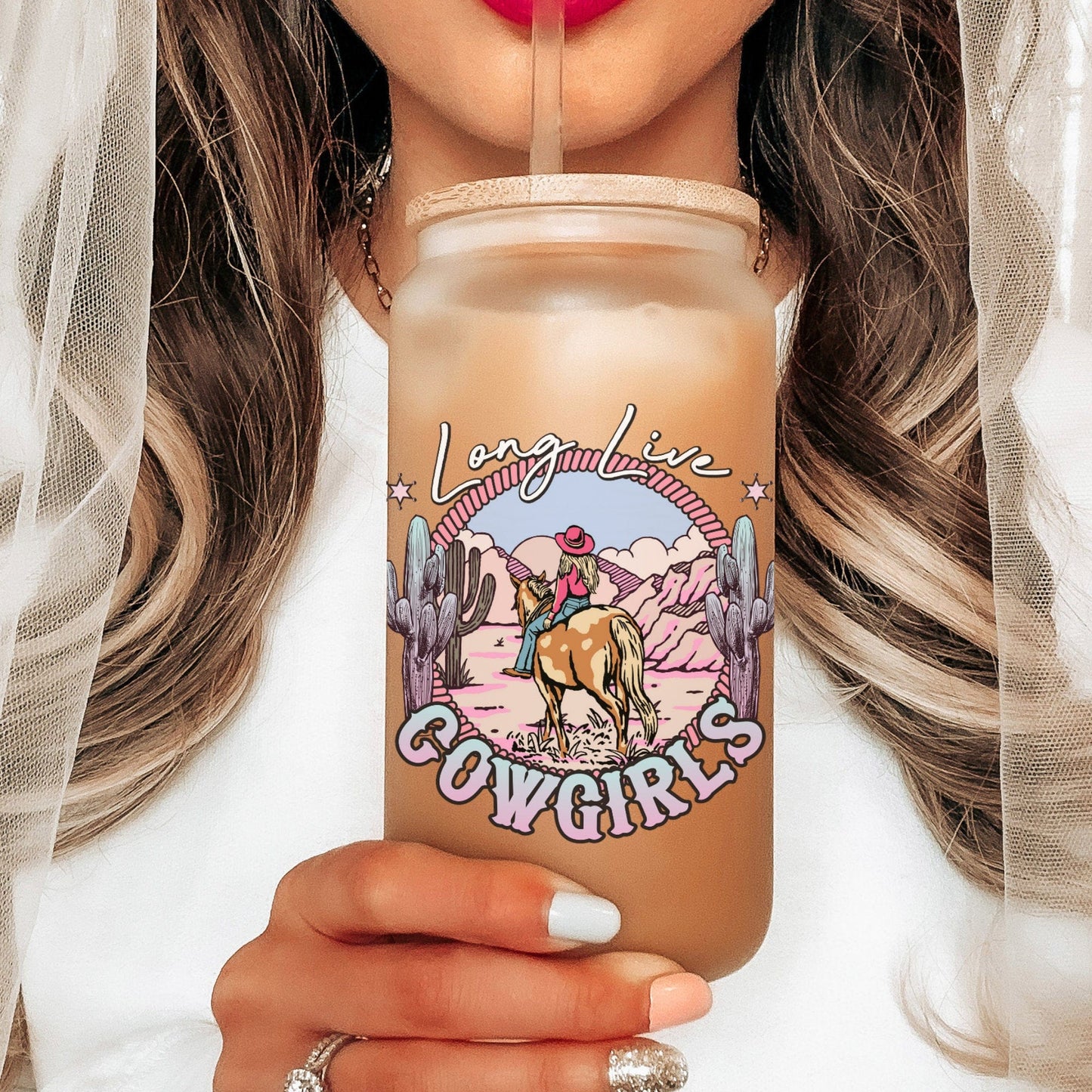 Country concert Frosted Iced Coffee Cup Long Live Cowgirls Frosted Tumbler with Straw Western Rodeo cowgirl Desert Vintage style beer Glass