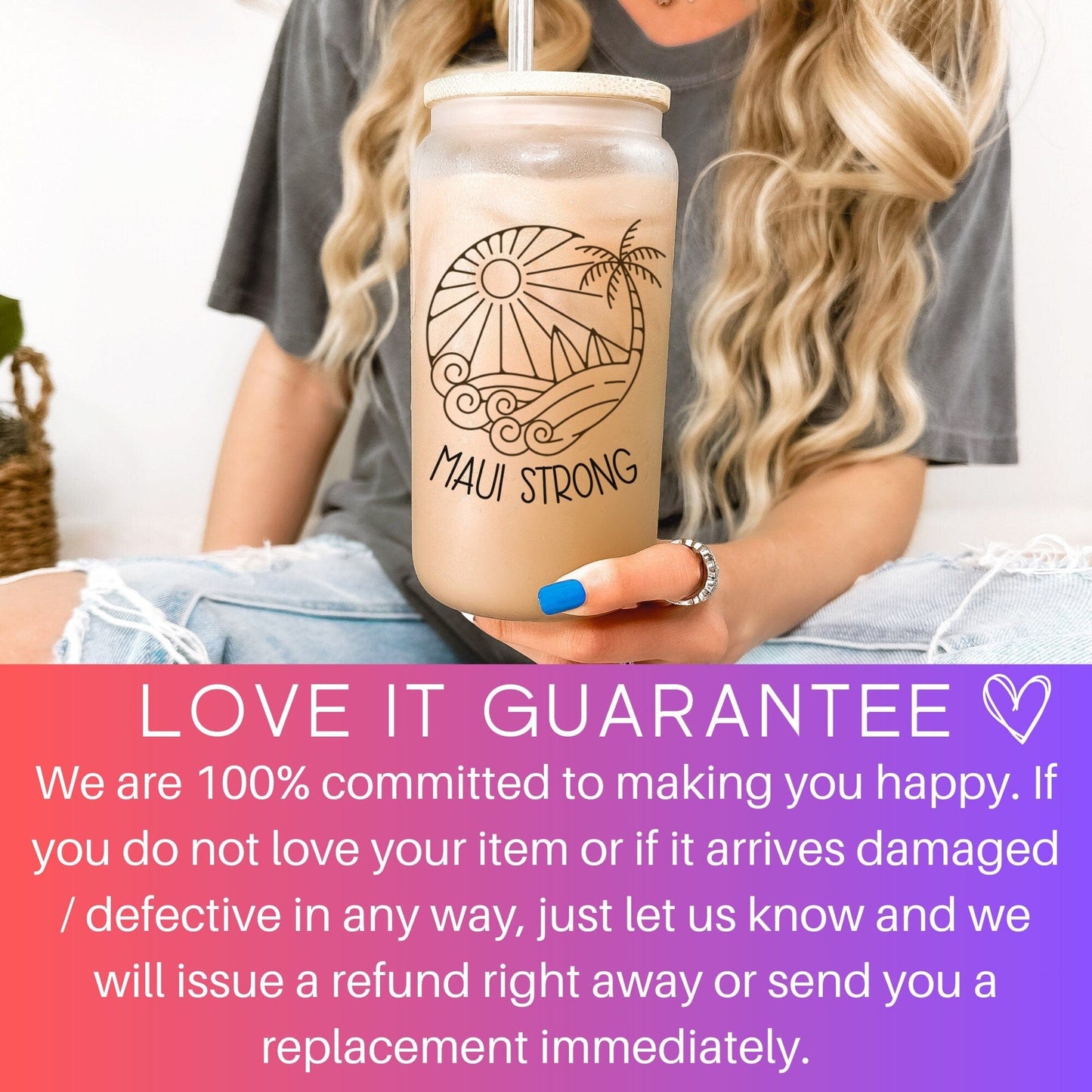 Lahaina Maui Strong Frosted Iced Coffee Cup Support for Maui Tumbler with Straw Elementary Teacher Glass Can Tumbler Lahaina Strong Cup